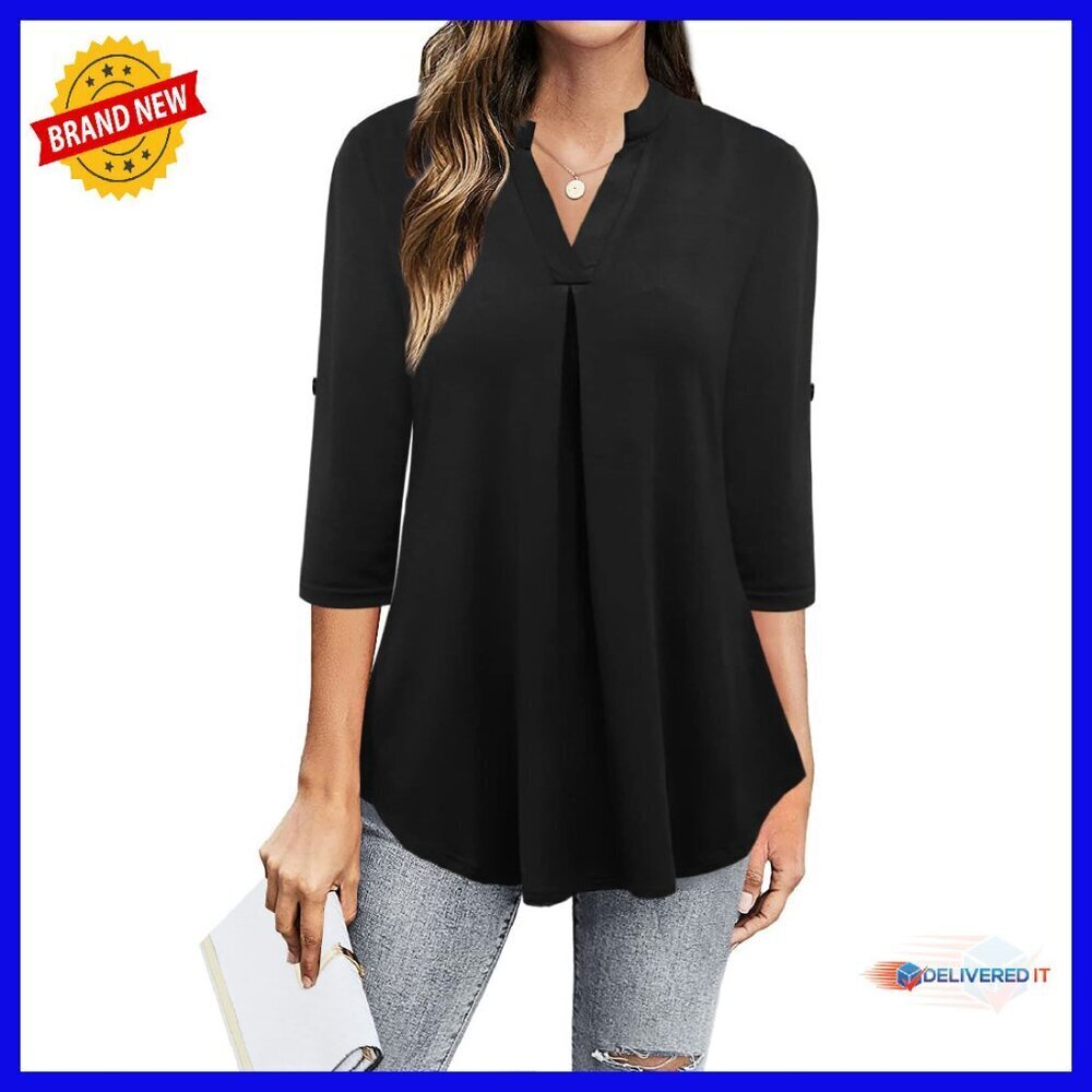 Women's 3/4 Sleeve V-Neck Chiffon Blouse Work Casual Tunic Top
